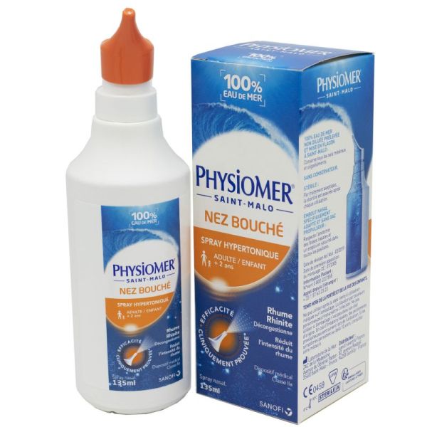 PHYSIOMER Nez Bouché Spray Hypertonique 135ml - Solution Nasale 100% Eau de Mer - Rhume, Rhinite