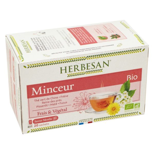 HERBESAN BIO MINCEUR 20 Sachets de 1.5g - Thé Vert de Chine, Frêne, Reine des Près, Pissenlit, Maté, Fucus