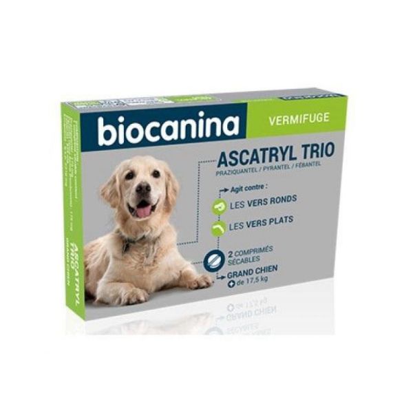 BIOCANINA ASCATRYL TRIO VERMIFUGE - Grands chiens - Bte/2 comprimés - Vers Ronds, Vers Plats