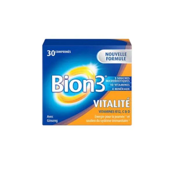 BION 3 VITALITE 30 Comprimés - Libération Prolongée - 3 Souches Microbiotiques, 10 Vitamines, 4 Minéraux