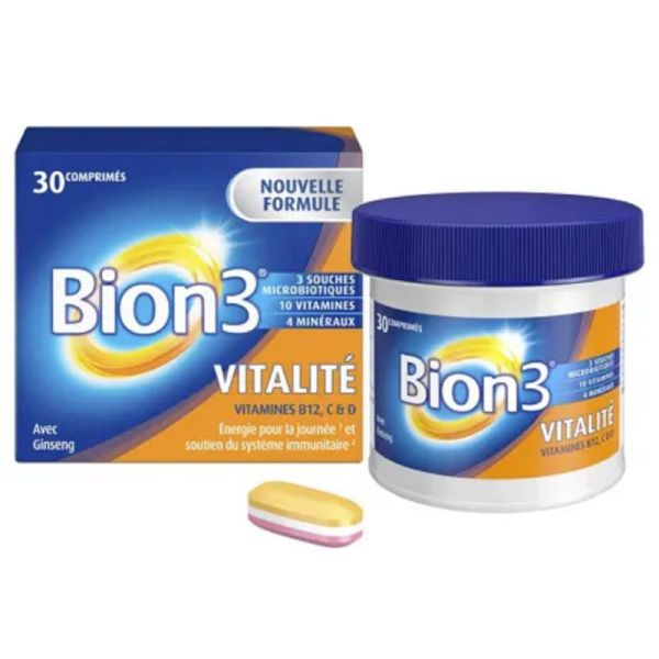 BION 3 VITALITE 30 Comprimés - Libération Prolongée - 3 Souches Microbiotiques, 10 Vitamines, 4 Minéraux