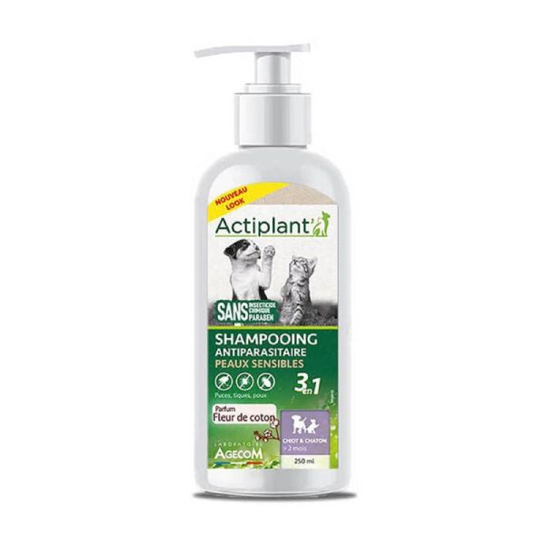 ACTIPLANT CHAT CHIEN Shampooing Antiparasitaire 3 en 1 250ml - Hygiène du Pelage, Peaux sensibles et Répulsif Puces, Tiques, Poux