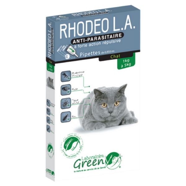 RHODEO L.A Chat de 1 à 5kg - 4 Pipettes de 0.85ml - Anti Parasitaire à Forte Action Répulsive