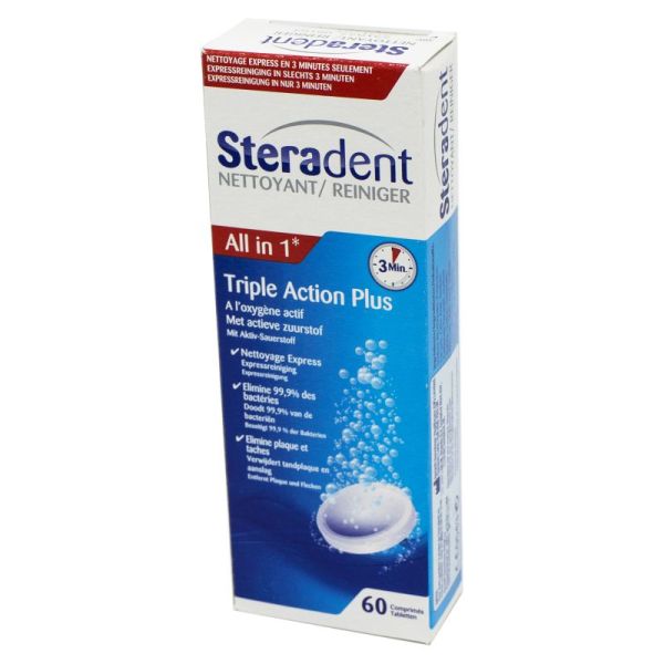 STERADENT NETTOYANT TRIPLE ACTION PLUS Bte/60 - Nettoyage des Appareils Dentaires All in 1 - Nettoya