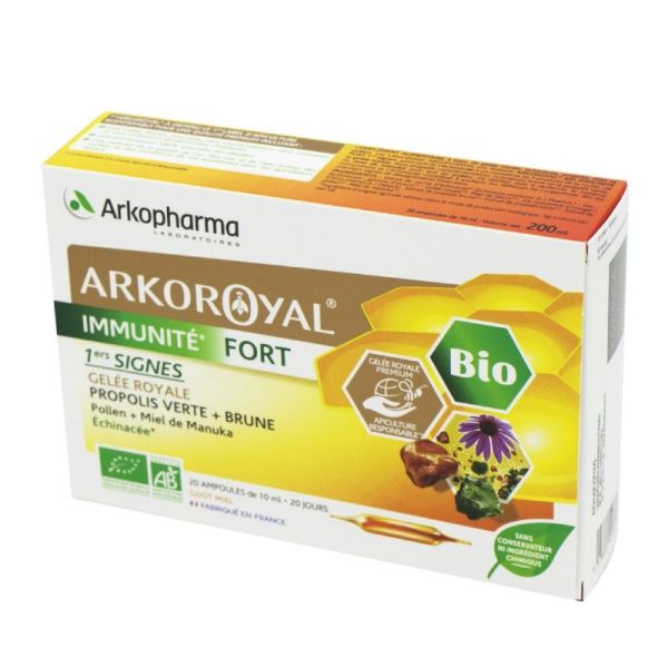 ARKOROYAL BIO Immunité Fort 20 Ampoules - Gelée Royale, Propolis, Pollen, Miel de Manuka, Echinacée