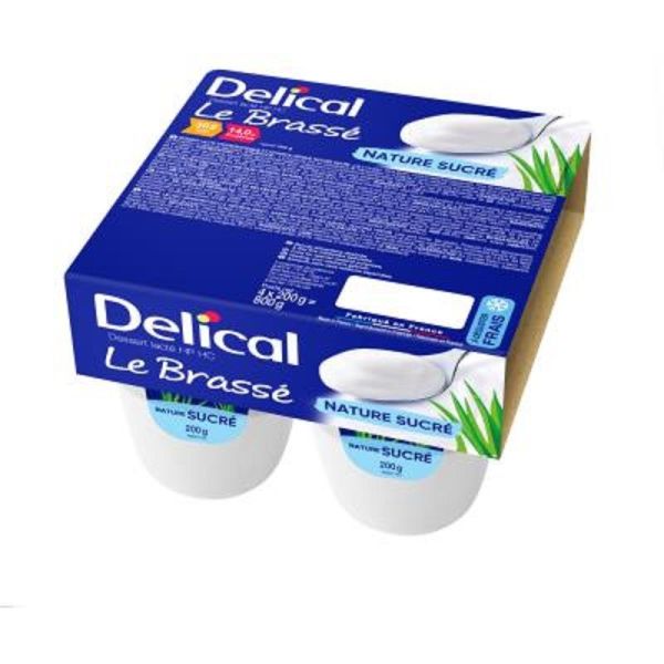 DELICAL le Brassé Nature Sucré - Crème Dessert Lactée HP/HC Denrée Alimentaire sans Gluten - 4x 200g