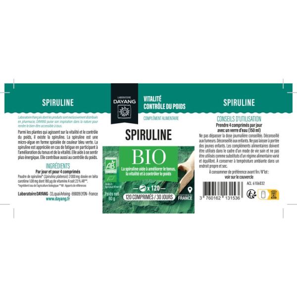 DAYANG SPIRULINE BIO 120 Comprimés - Complément Alimentaire Energie, Contrôle du Poids