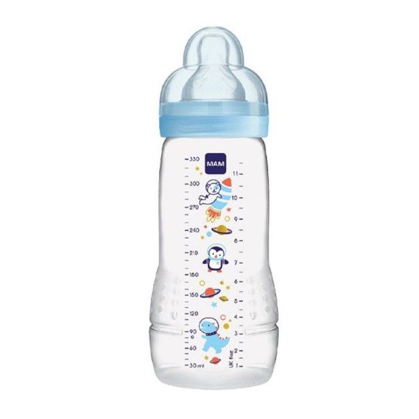 MAM Biberon Easy Active +6 Mois 330ml Transparent Bague Bleue - Tétine Débit X