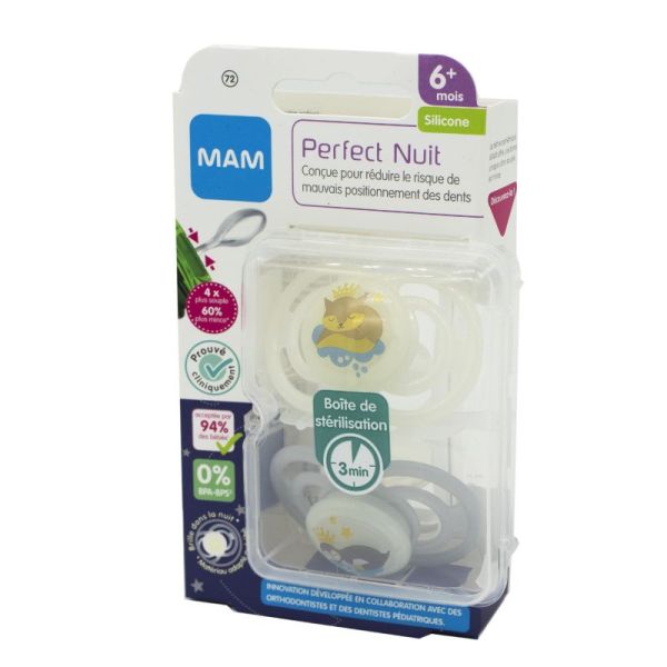 MAM 2 Sucettes Perfect Nuit + 6 Mois Brille dans la nuit Silicone Référence 72