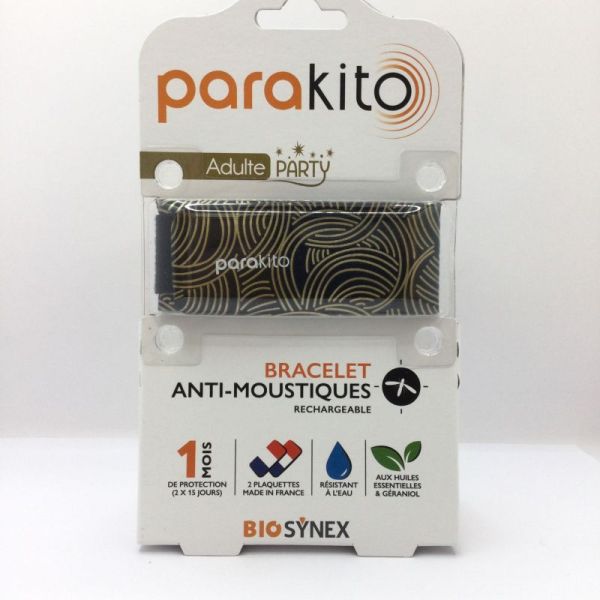 PARAKITO Bracelet ADULTE PARTY  - Bracelet Anti Moustiques Rechargeable Couleur Noir avec motif Doré - Prévention  , 3532678603865