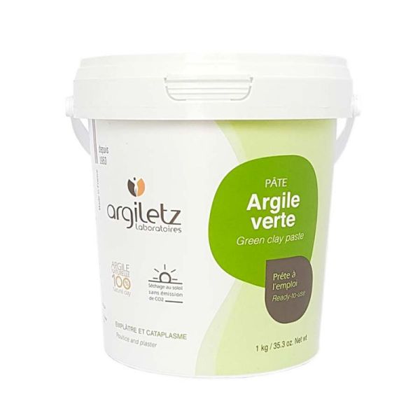 ARGILETZ Pâte d' Argile Verte 1kg Prête à l'Emploi - Masque, Emplâtre, Cataplasme - 100% Naturelle