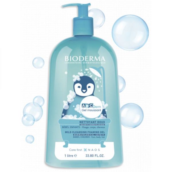 BIODERMA ABCDerm Gel Moussant 1 Litre sans Rinçage - Netttoyant Doux Breveté Visage Corps Cheveux -