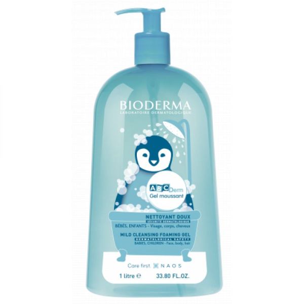 BIODERMA ABCDerm Gel Moussant 1 Litre sans Rinçage - Netttoyant Doux Breveté Visage Corps Cheveux -