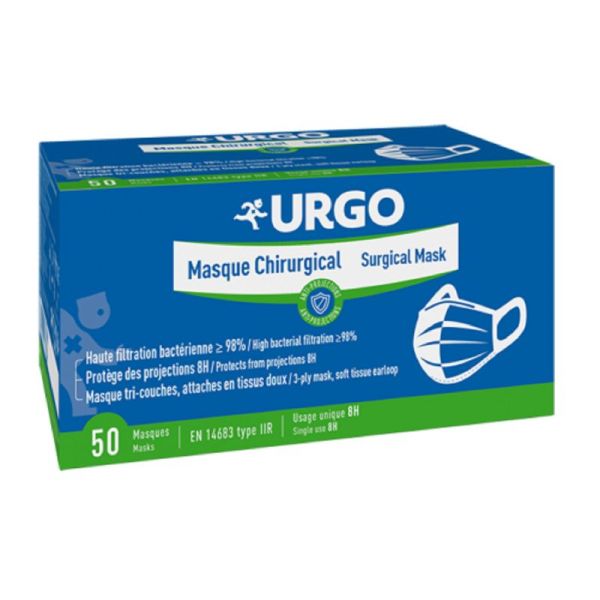 URGO 50 Masques Chirurgicaux Tri-couches Haute Filtration - Temps de Port 8 Heures