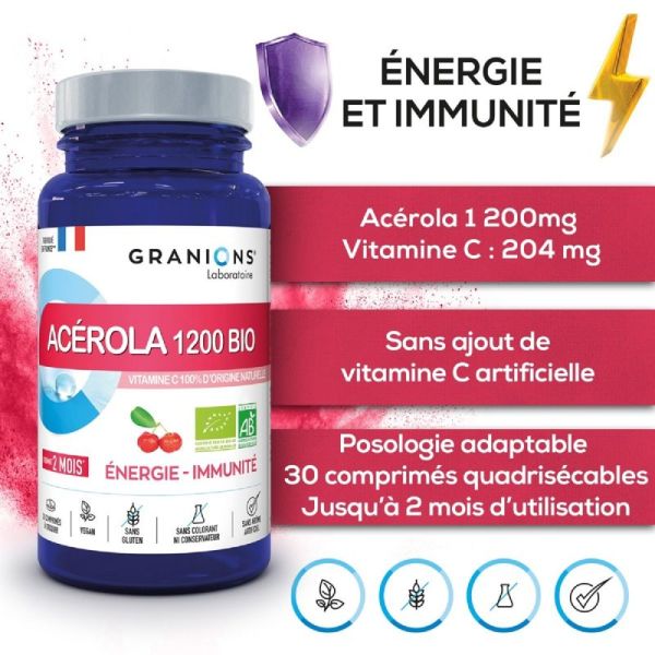 GRANIONS PILULIERS Acérola 1200 BIO 30 Comprimés - Energie, Immunité