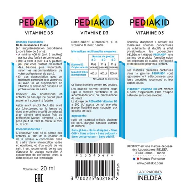 PEDIAKID Vitamine D3 200 UI 20ml - 100% d' Origine Naturelle