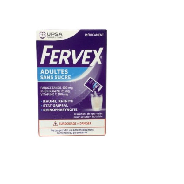 Fervex Adultes granulés, sans sucre - Boite de 8 sachets