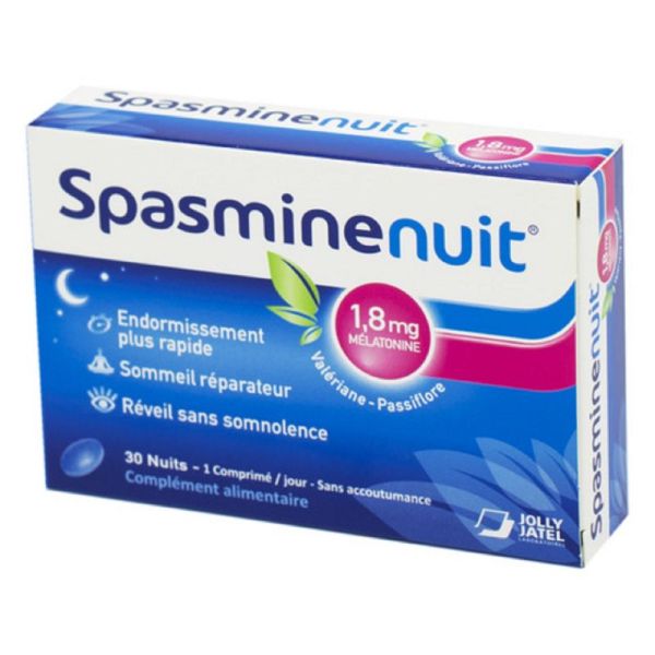 SPASMINENUIT 1.8 mg Mélatonine - Troubles du Sommeil (Valériane, Passiflore) - Bte/30 Cp à Avaler