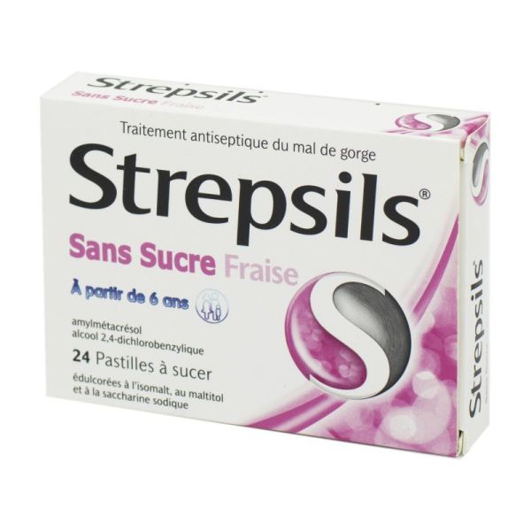 Strepsils Fraise Sans Sucre, 24 pastilles