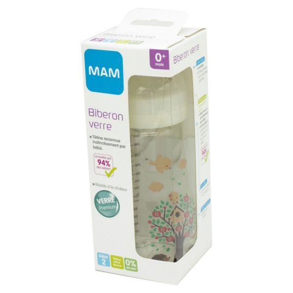 Biberon verre 260ml 0-6 mois Tétine Débit 2 blanc MAM, Vente en ligne de  Biberon