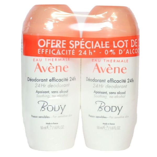 AVENE BODY Déodorant Efficacité 24 Heures, sans Alcool - Lot de 2x 50ml - Peaux Sensibles