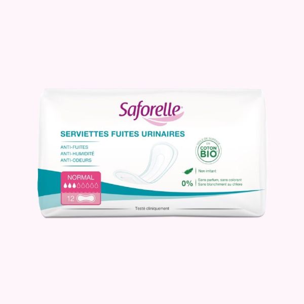 SAFORELLE BIO 12 Serviettes Fuites Urinaires NORMAL - Anti-Fuites, Anti-Humidité, Anti-Odeurs