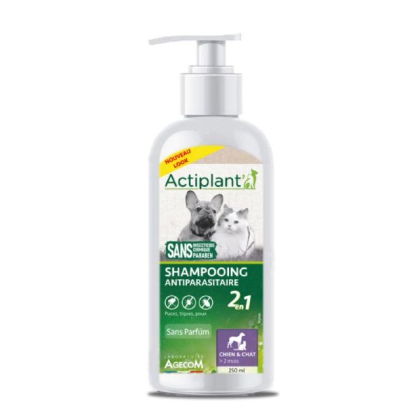 ACTIPLANT CHAT CHIEN Shampooing Antiparasitaire 2 en 1 250ml - Hygiène du Pelage et Répulsif Puces, Tiques, Poux