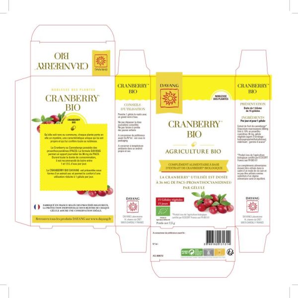 DAYANG CRANBERRY BIO 15 Gélules Végétales - Complément Alimentaire Confort Urinaire