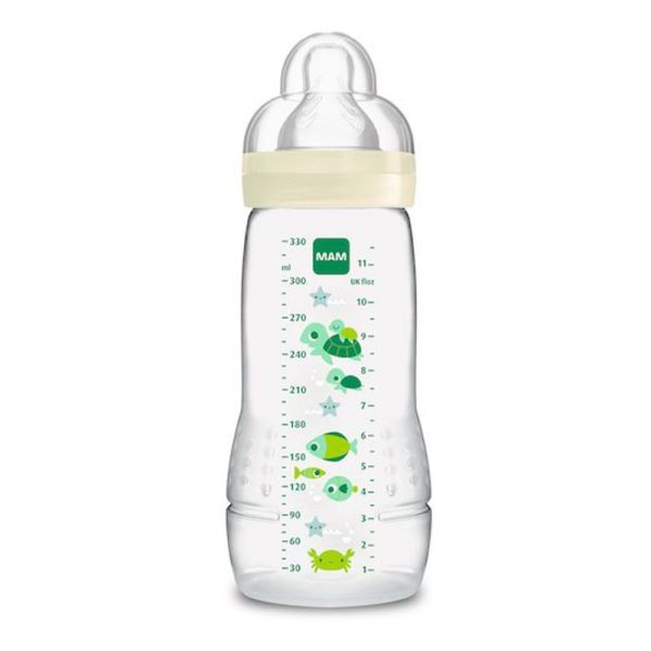 MAM Biberon Easy Active + 6 Mois 330ml Transparent Motif Vert - Tétine Débit X