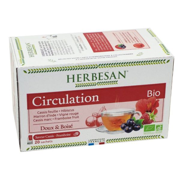 HERBESAN BIO CIRCULATION 20 Sachets de 1.5g - Cassis Feuille, Hibiscus, Marron d' Inde, Vigne Rouge, Cassis Marc, Framboise Fruit