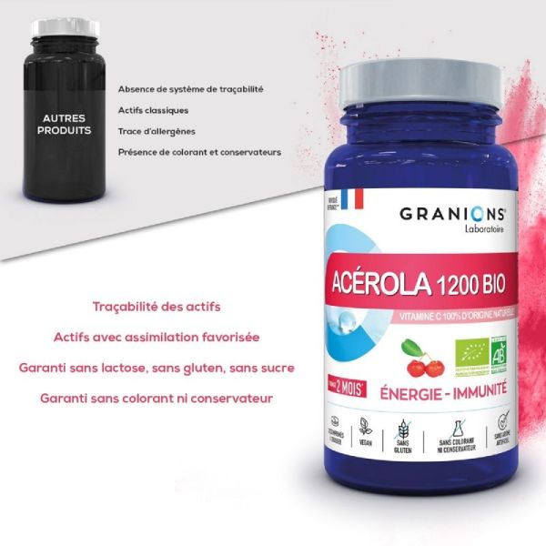 GRANIONS PILULIERS Acérola 1200 BIO 30 Comprimés - Energie, Immunité