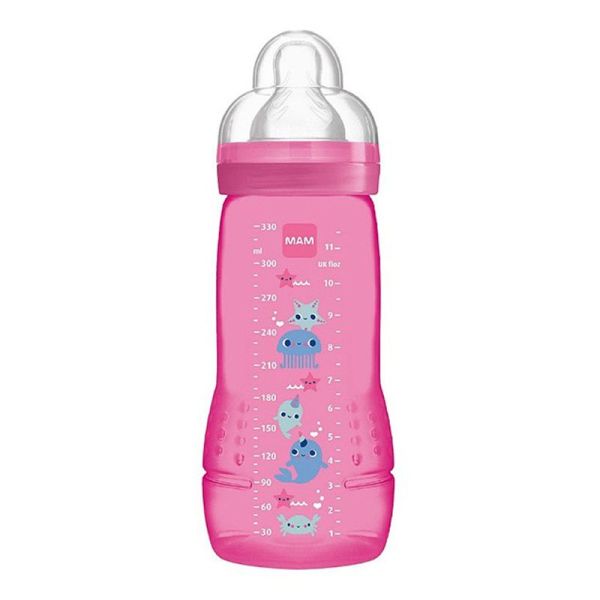 MAM Biberon Easy Active + 6 Mois 330 ml Coloré Rose - Tétine Débit X