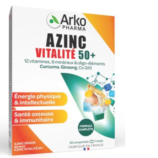 AZINC Vitalité 50+  30 Comprimés - 12 Vitamines, 8 Minéraux, Oligo-Eléments, Curcuma, Ginseng, Coenzyme Q10