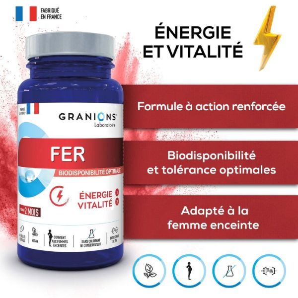 GRANIONS PILULIERS Fer 60 Gélules Végétales - Energie, Vitalité