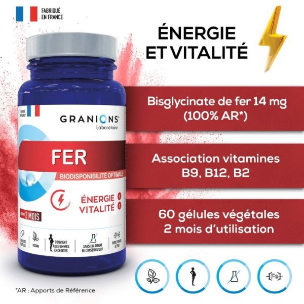 GRANIONS PILULIERS Fer 60 Gélules Végétales - Energie, Vitalité