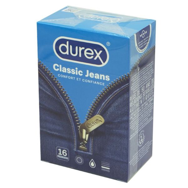 DUREX CLASSIC JEANS 16 Préservatifs - Transparent, Lubrifié, Forme Profilée, Latex Naturel
