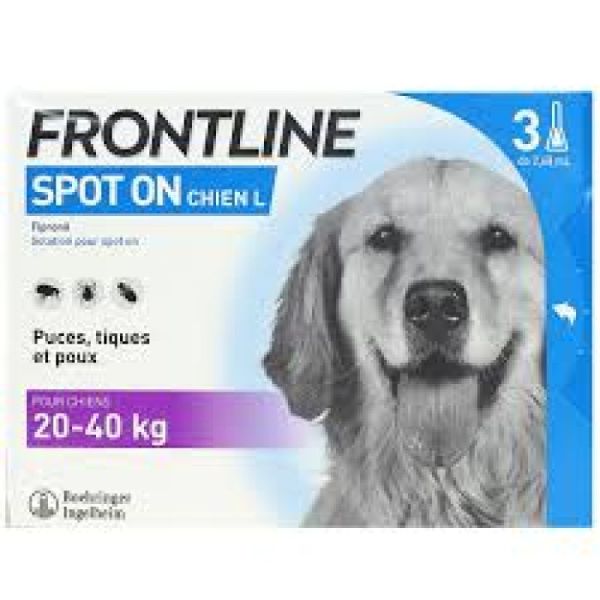 FRONTLINE SPOT ON Chien L (20 à 40kg) 3 Pipettes de 2.68ml - Anti Parasitaires (Puces, Tiques, Poux)
