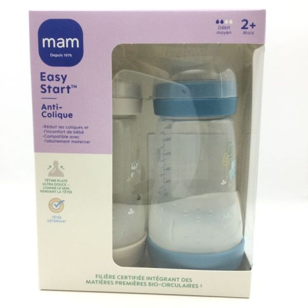 MAM 2 Biberons Easy Start Anti Colique 260ml Bleu+Gris   2 Mois Tétine Débit 2 Moyens  9001616836565