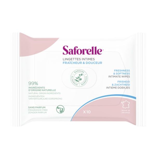 SAFORELLE Lingettes Intimes Pocket Fraîcheur et Douceur Dévidoir/10 - Peaux et Muqueuses Sensibles