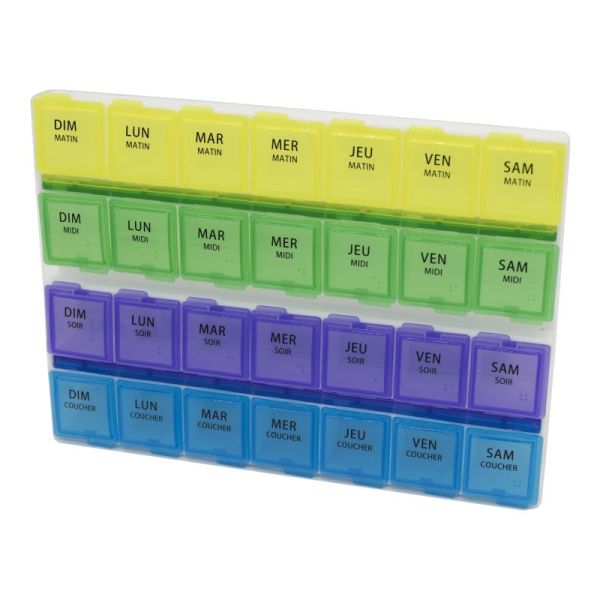 Pilulier Hebdomadaire GRAND FORMAT, GRANDES CASES - 7 Jours, 7 Modules, 4 Compartiments par Module