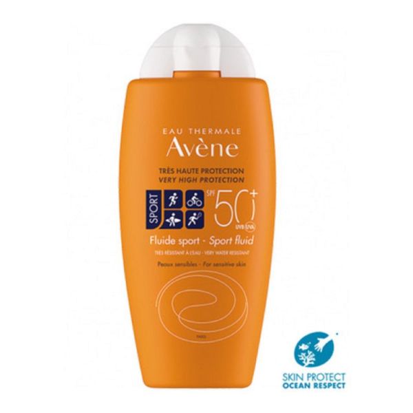 AVENE SOLAIRE Fluide Sport SPF50+ Visage et Cou - UVA UVB - Skin Protect Ocean Respect - 100ml