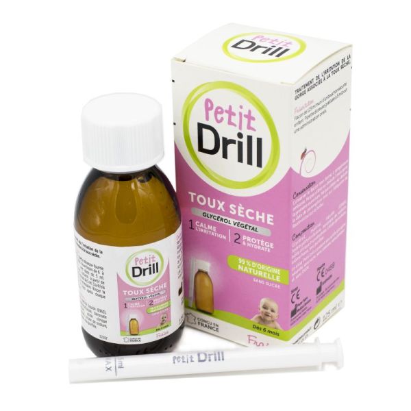 PETIT DRILL Toux Sèche Sirop 125ml sans Sucre - Dès 6 Mois - Au Glycerol Végétal - Goût Fraise