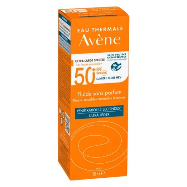 AVENE SOLAIRE Fluide sans Parfum SPF50+ 50ml - Pénétration 3 Secondes, Ultra Léger