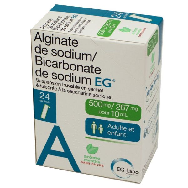 Alginate de Sodium/Bicarbonate de Sodium EG Labo  500 mg/267 mg, suspension buvable 24 sachets