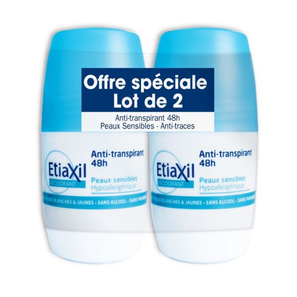 ETIAXIL Lot de 2 Déodorants Anti Transpirant 48H  Pour Peaux Sensibles  2x Roll-On/50ml