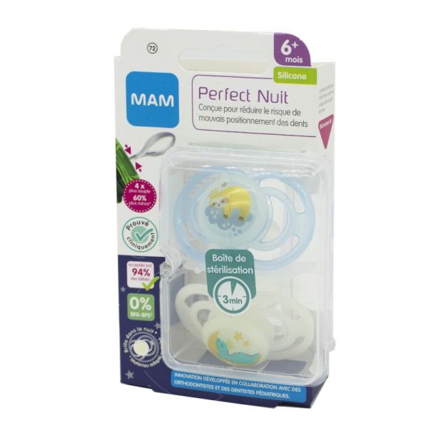 MAM 2 Sucettes Perfect Nuit + 6 Mois Brille dans la nuit Silicone Référence 72