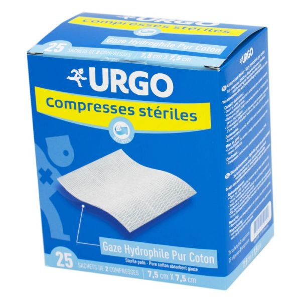 URGO Compresses Stériles Gaze 7.5 x 7.5 cm Bte/25 - Gaze Hydrophile Pur Coton - Sachet de 2
