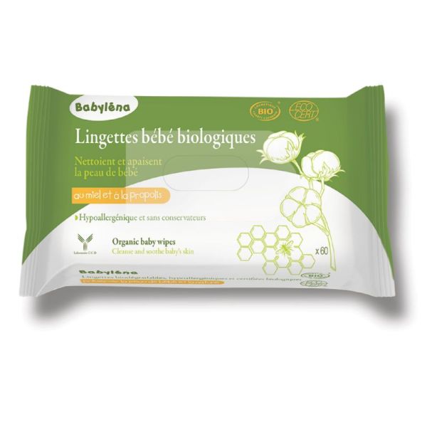 BABYLENA 60 Lingettes Bébé Biologiques - Visage, Corps, Siège - Au Miel et à la Propolis