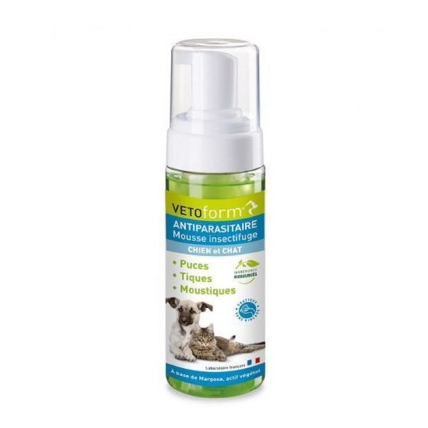 VETOFORM ANTIPARASITAIRE Mousse Insectifuge Chat Chien 150ml - Répulsif Puces, Tiques, Moustiques