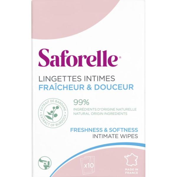 SAFORELLE Lingettes Intimes Fraîcheur et Douceur Bte/10 Sachets - Peaux et Muqueuses Sensibles